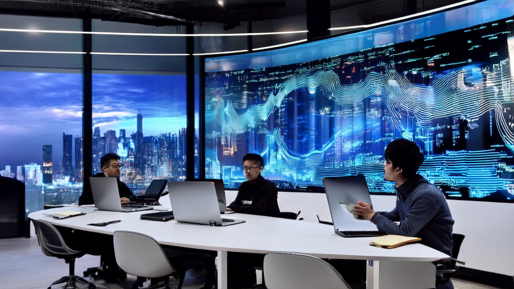 Young entrepreneurs discussing AI customer acquisition cost optimization strategies in a high-tech office with a city skyline background
