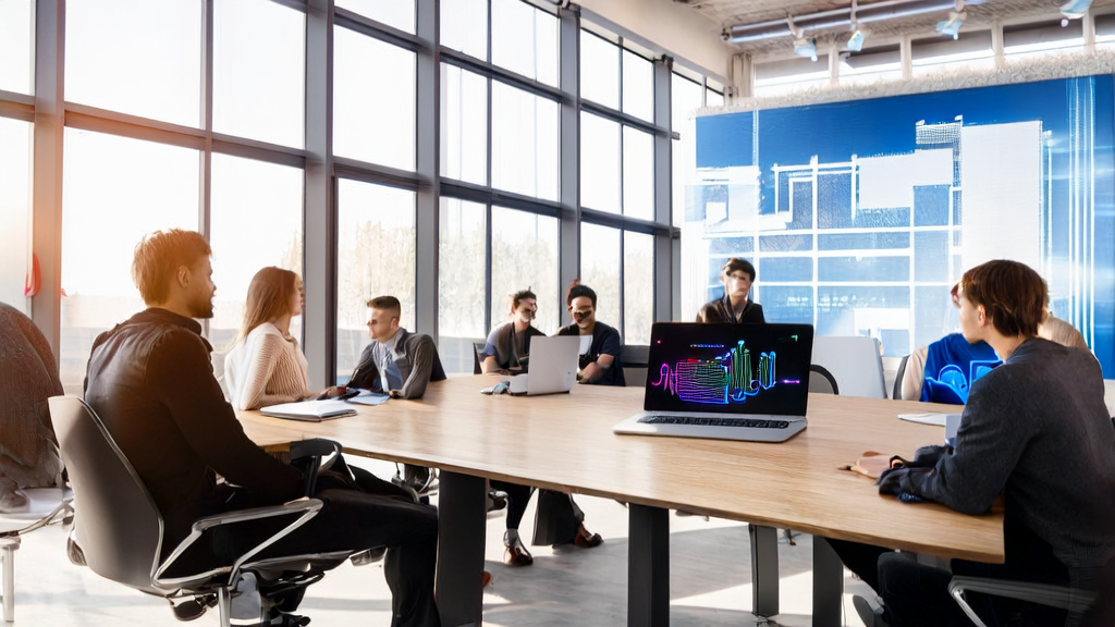 A modern office scene featuring a laptop with an E Ink AI touchpad, where team members gather to discuss AI-driven customer acquisition solutions