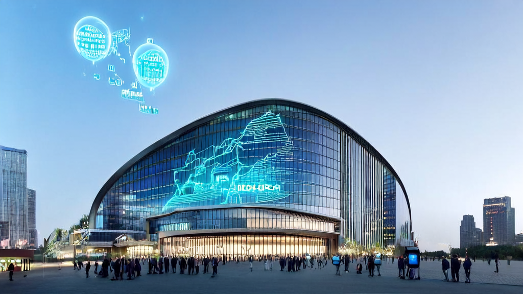 An innovative AI customer acquisition hub in a modern city, where people are discussing how to optimize acquisition strategies using AI technology.