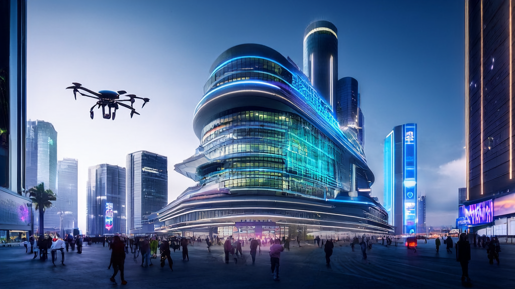A futuristic city with skyscrapers and drones, showcasing the application of AI technology in B2B markets
