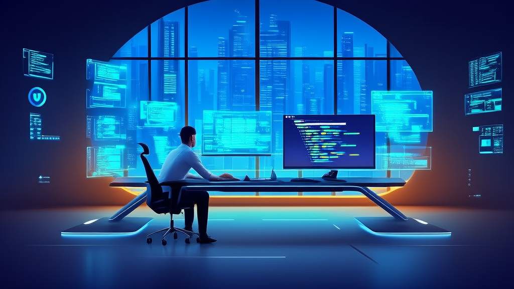 一位程序员在充满未来感的办公室中使用文心快码Coding智能体Zulu进行客户采集