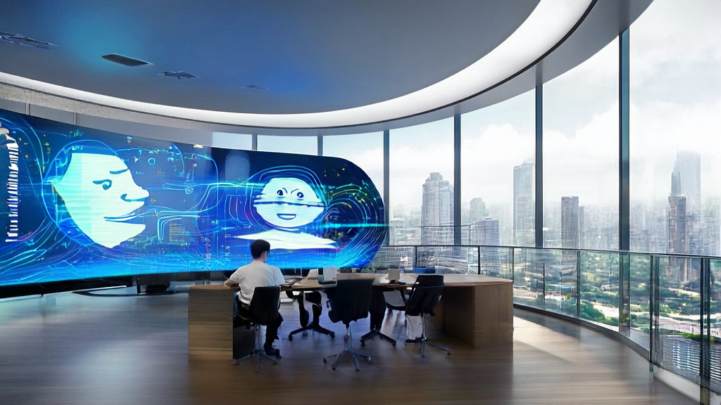 In a modern office in the city of the future, an entrepreneur uses AI to optimize ad placement strategies, with a poster of Microsoft's new AI character Mico on the wall.