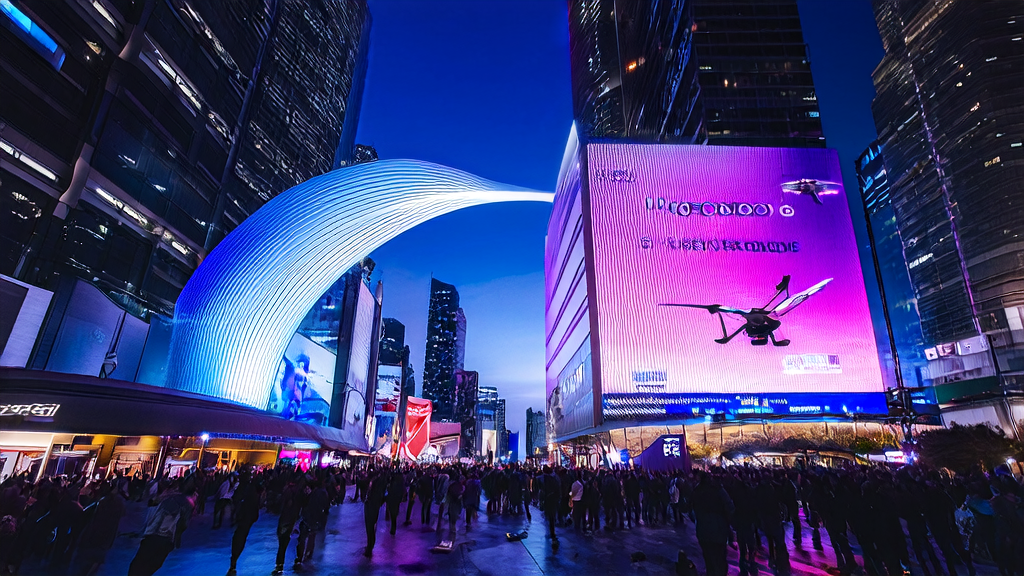 A futuristic city using AI technology to optimize cross-border e-commerce ad placement, attracting a crowd to gather and interact