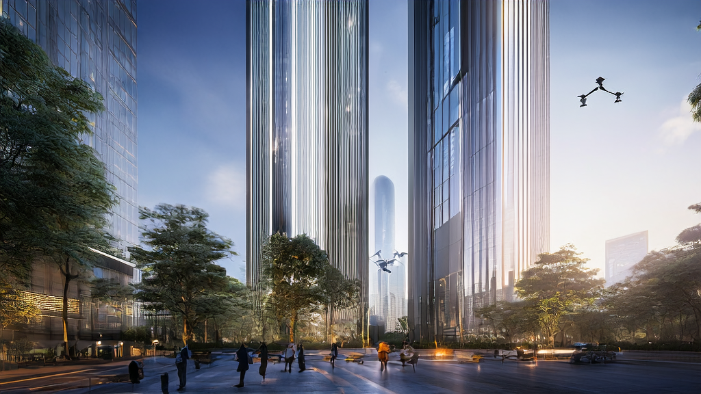 An independent station company in a futuristic tech city using AI technology for keyword optimization to boost search engine traffic