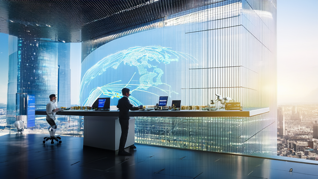 In a futuristic city, a data analyst uses customs data for precise customer acquisition while a robot assistant helps nearby.