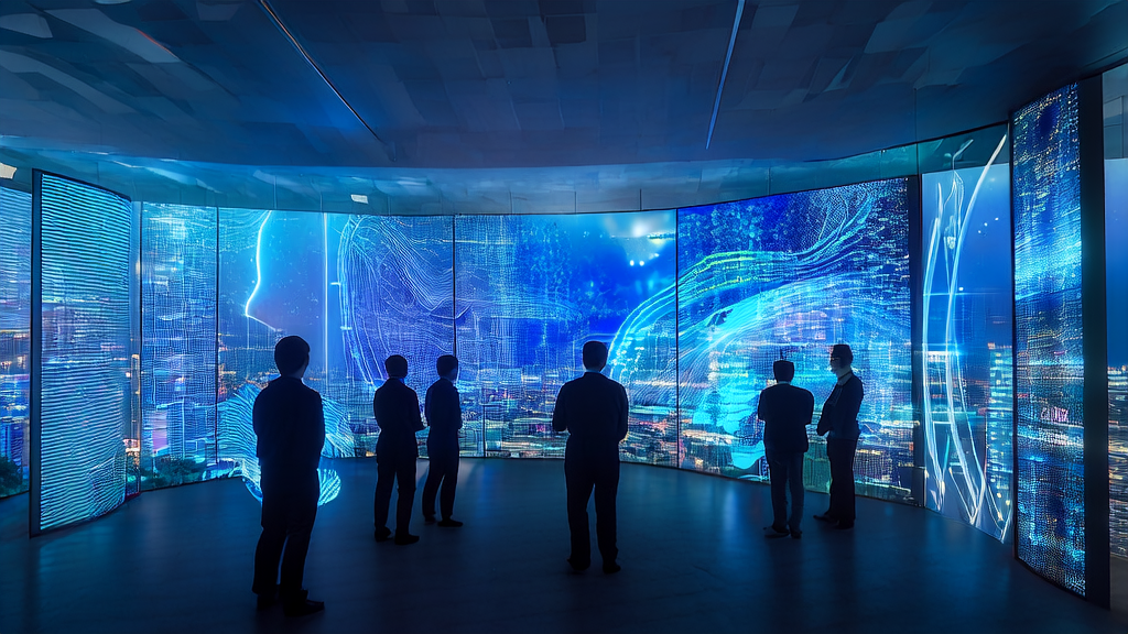 Data scientists discussing AI customer prediction models in a futuristic office with city night view background