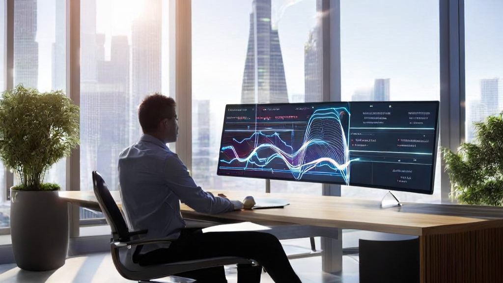 A futuristic office setting where a professional uses Microsoft's Office Automation Agent for AI customer prediction modeling