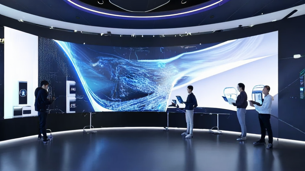 未来感办公室中展示3D网页动画的场景，员工使用AI工具进行创意工作