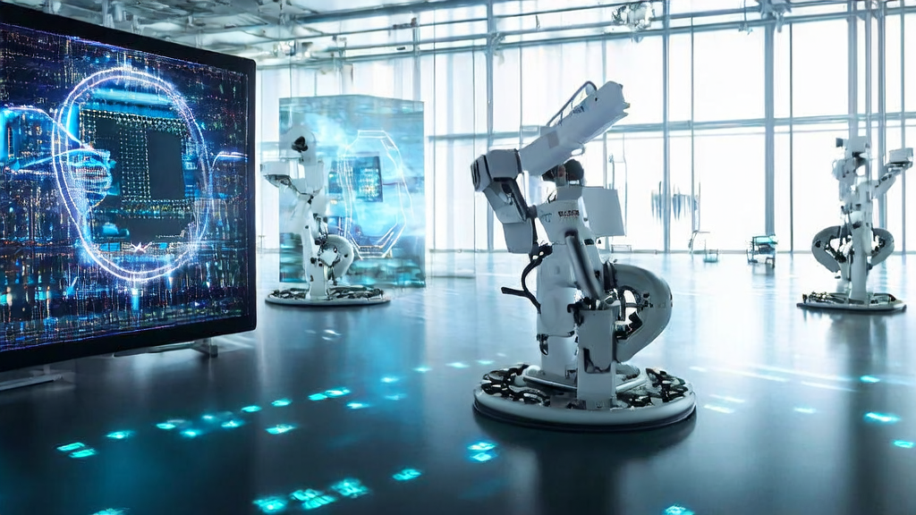 In a futuristic industrial lab, Weiyi Smart Manufacturing's embodied intelligent robots are using AI technology for precise customer acquisition and data analysis.