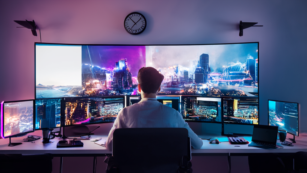 A designer in a modern office using JiMeng Images 3.0 to generate a cyberpunk-style poster