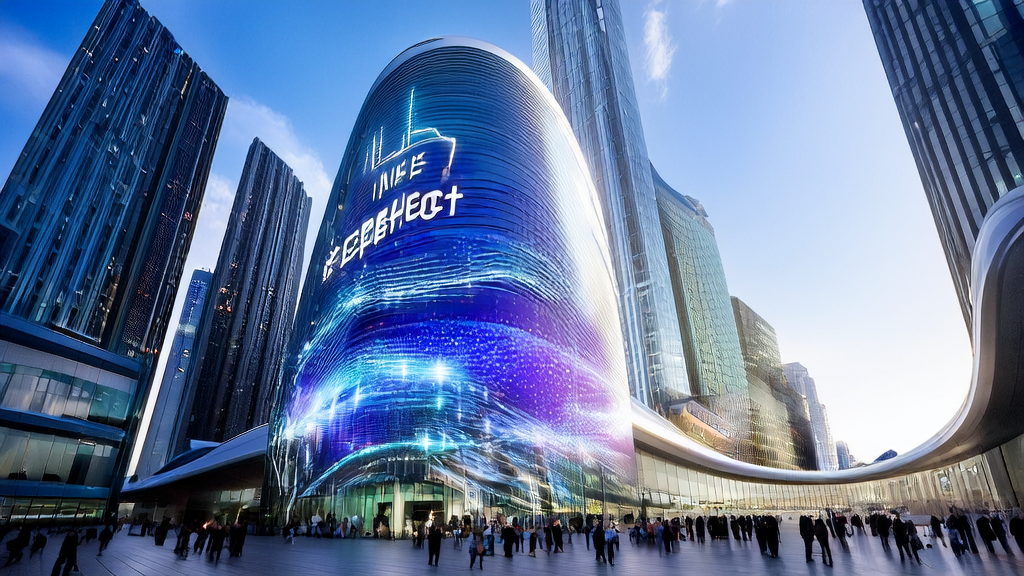 High-tech building in a futuristic city showcasing AI-driven customer acquisition solutions