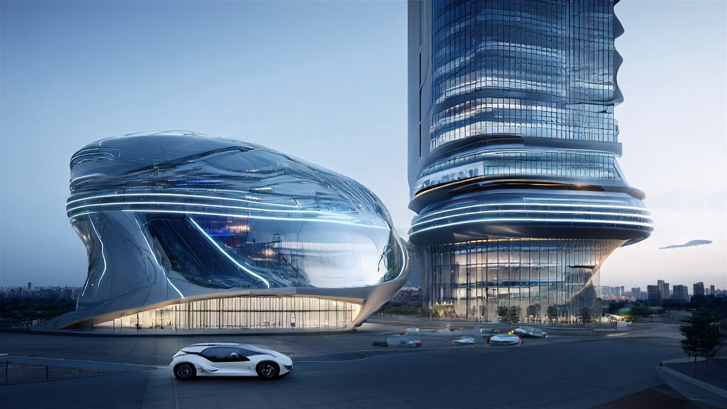 Inside a smart skyscraper in a futuristic city, a 3D digital avatar interacts with customers, showcasing new AI-driven customer acquisition channels.