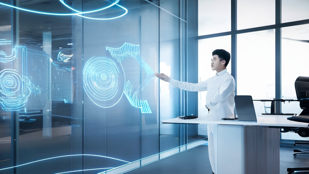 In a futuristic office, an entrepreneur interacts with the AutoGLM 2.0 AI assistant via voice commands for efficient customer acquisition