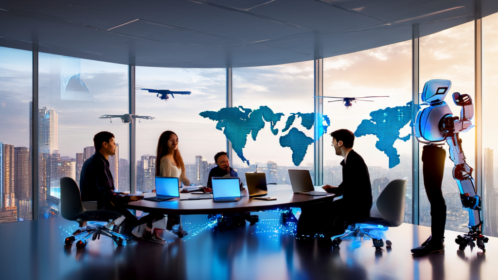 Modern office where entrepreneurs use AI robots for customer acquisition analysis