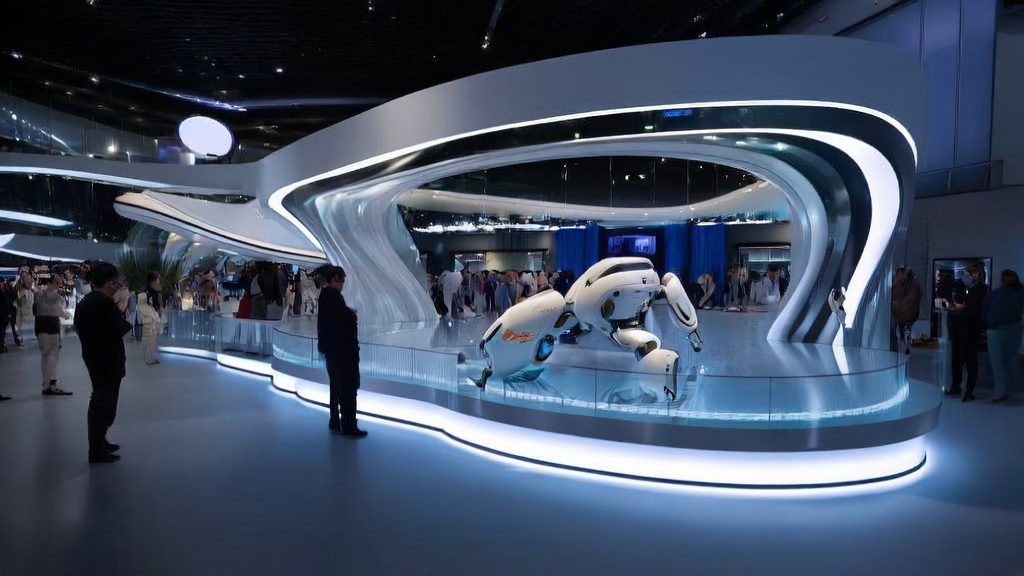 智元机器人灵犀X2在科技展厅中与参观者互动，展示其先进的多模态人机交互能力。