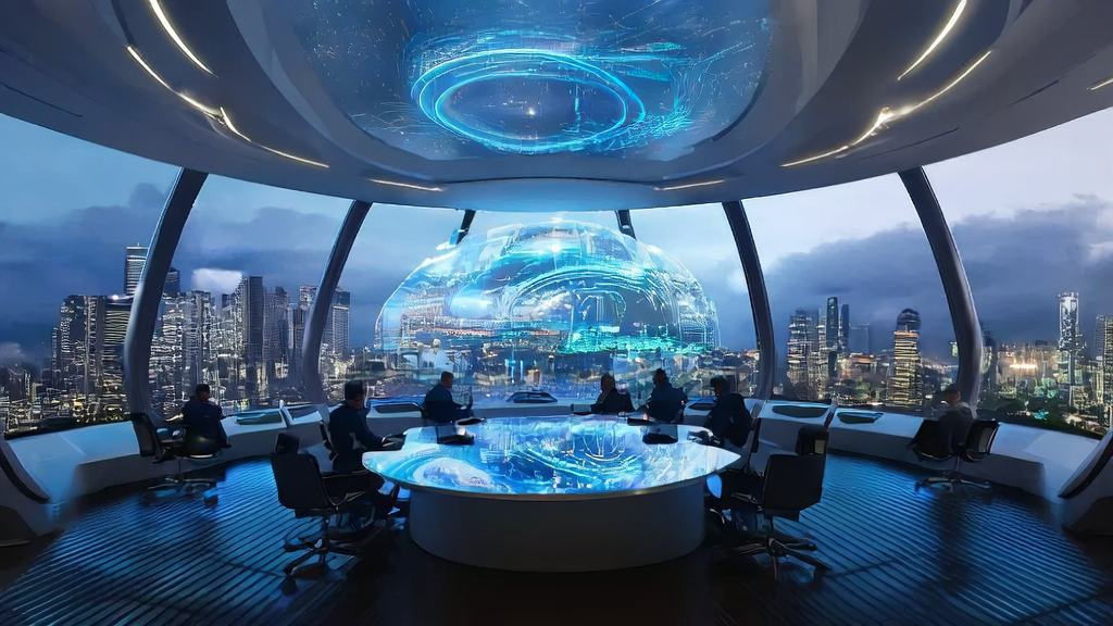 未来城市的高科技控制中心，展示AI客户预测模型和数据分析