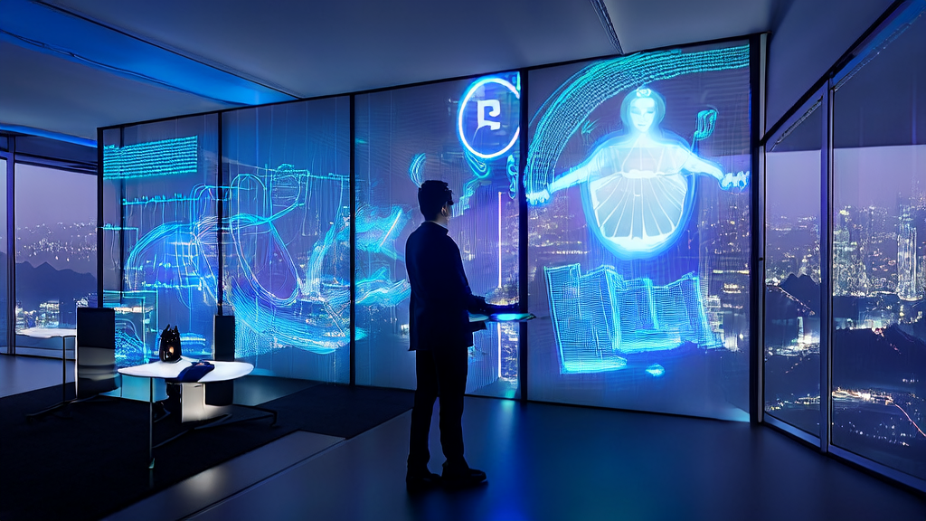 A young entrepreneur interacts with a 3D digital person in a futuristic office, using AI technology to optimize an independent site's search engine traffic and enhance user experience.