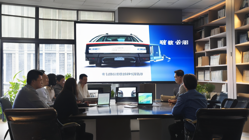 现代化办公室中的团队正通过AI邮件营销平台进行高效获客策略讨论，背景是京东物流VAN无人轻卡的展示画面。