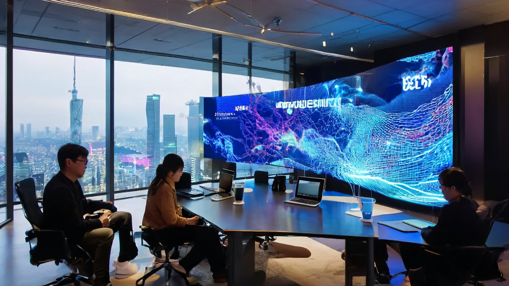 A digital marketing team discussing the application of multimodal large model dots.vlm1 in email marketing, with a city skyline in the background