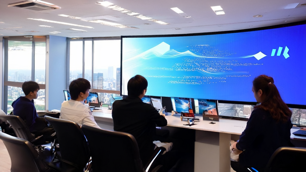 现代化办公室中展示AI优化邮件营销策略的大屏幕