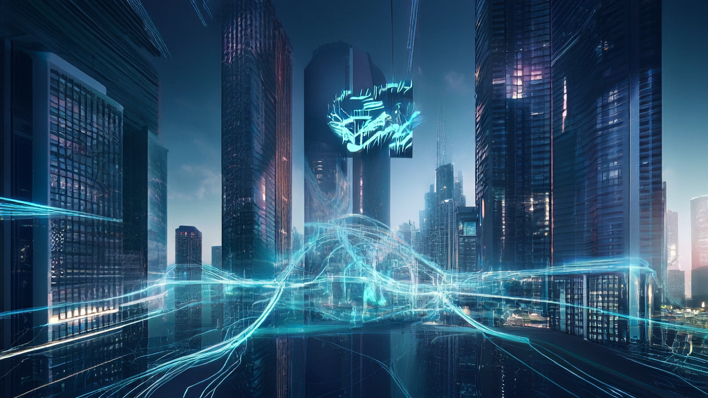A futuristic city with a cross-border e-commerce platform, powered by AI for precise customer acquisition and personalized services