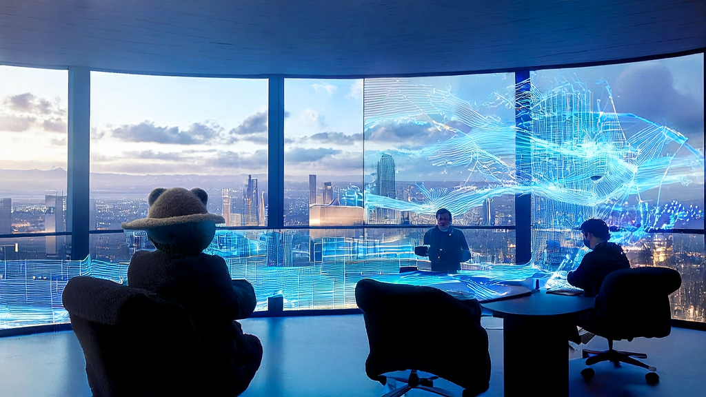 工程师们在办公室讨论AI客户预测模型，背景是繁华的城市，角落里有一个戴着大檐帽的羊毛毡大熊猫