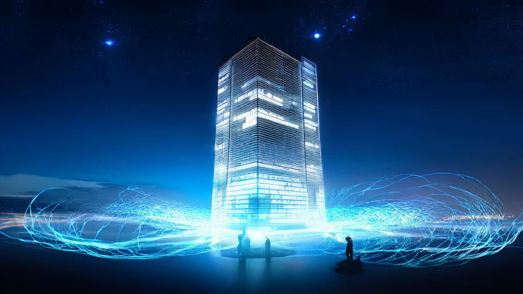 A futuristic digital world where a cross-border e-commerce independent site uses iFlytek's Spark model to optimize SEO and break through traffic bottlenecks.