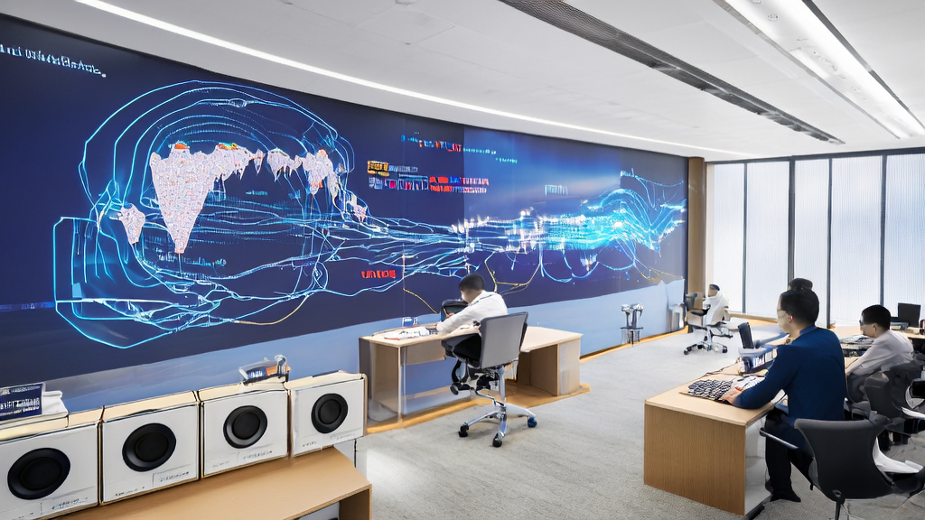 A modern e-commerce office with AI robots processing orders, data streams on screens, and a background wall showcasing global market sales growth.