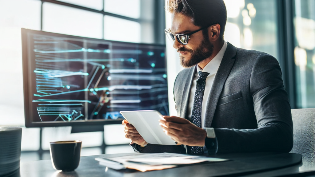 年轻创业者在现代化办公室中利用AI技术进行邮件营销创新