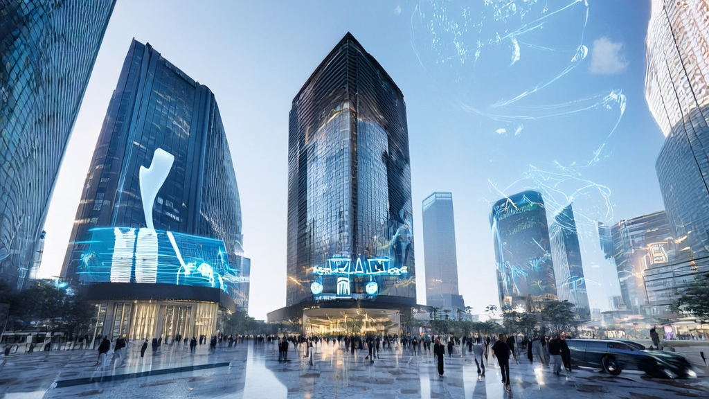 Business professionals in a futuristic city using Tongyi Qwen3 for efficient customer acquisition, showcasing innovative AI marketing applications.