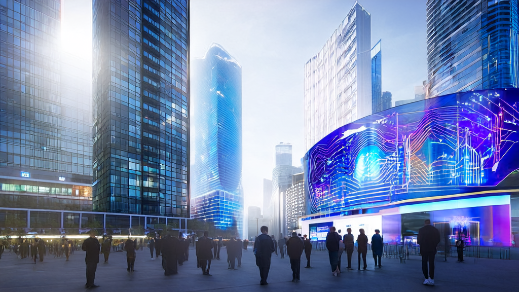 未来城市中的AI优化广告投放控制中心，展示精准触达与成本降低策略