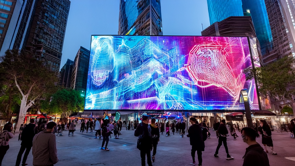 未来城市的智能广告牌通过AI技术精准投放个性化广告，帮助商家高效触达目标客户并降低每次转化成本。