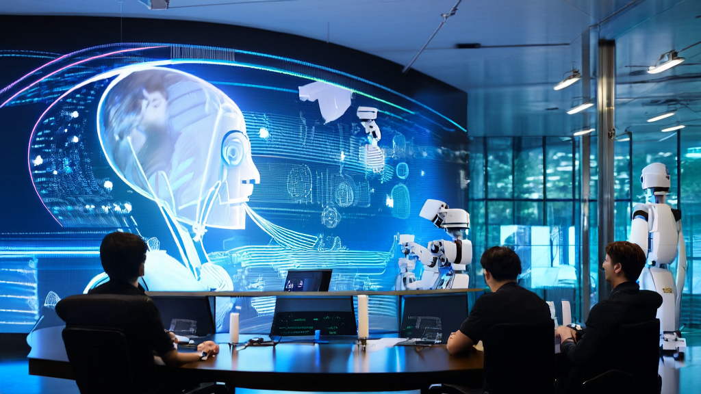 展示AI优化广告投放技术在跨境电商中的应用,屏幕上的数据分析和团队讨论场景