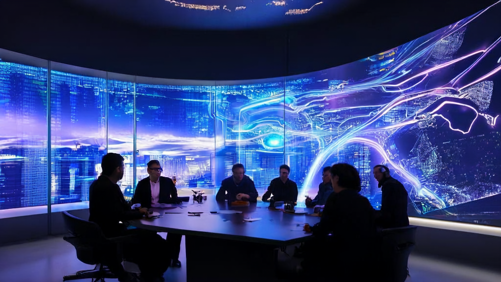 In a futuristic advertising company office, experts are discussing how to optimize ad placement strategies using AI technology