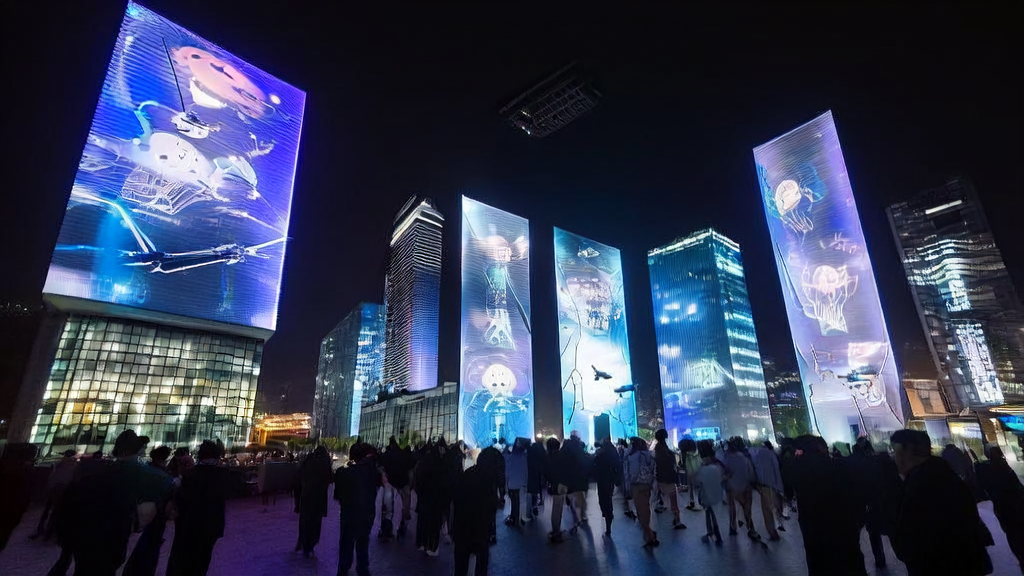 A futuristic city scene showcasing AI-powered precise advertising targeting