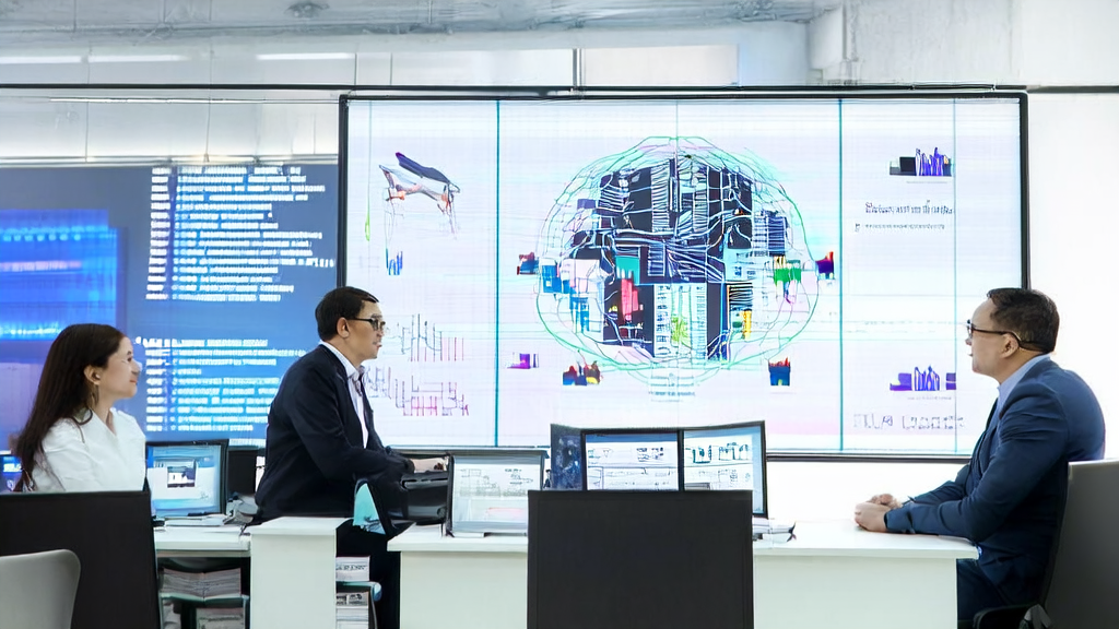 Data scientists and marketing experts in an office using AI technology to optimize email marketing, boost user engagement and reply rates, and discuss solutions to address AI misuse.