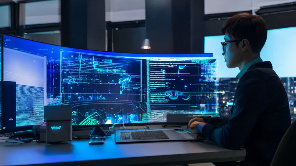 未来办公室中使用Canva创意操作系统进行AI优化邮件营销的场景