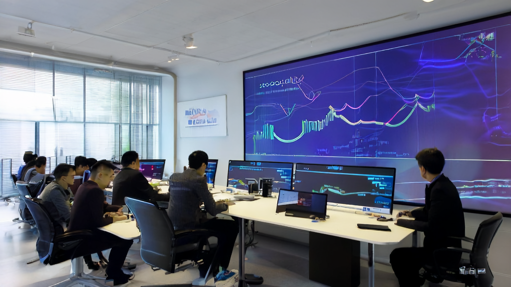 A group of marketers in a high-tech office using AI tools to optimize email marketing strategies