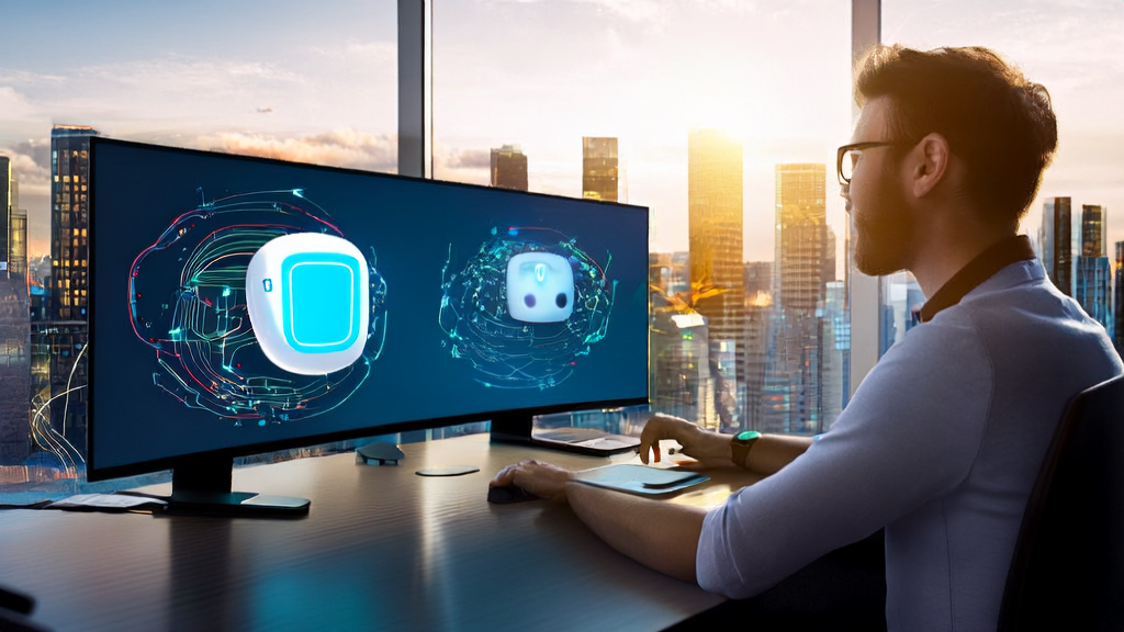 An entrepreneur interacting with AI customer acquisition tools and the smart assistant DeepSeek in a modern office