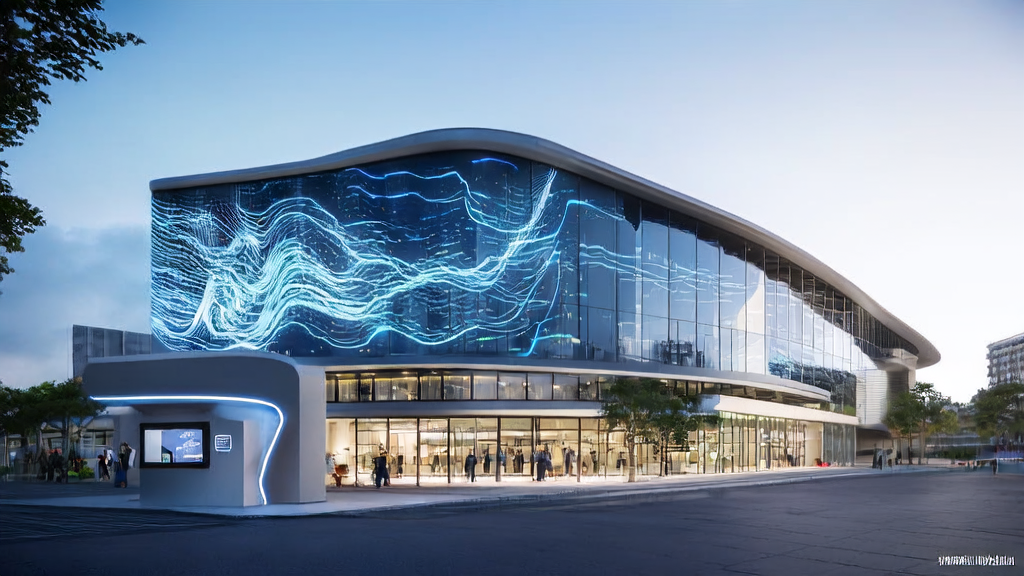 In a sunny tech campus, a modern independent station office building showcases advanced large model all-in-one machines, with employees monitoring and adjusting ad placement strategies via large screens.