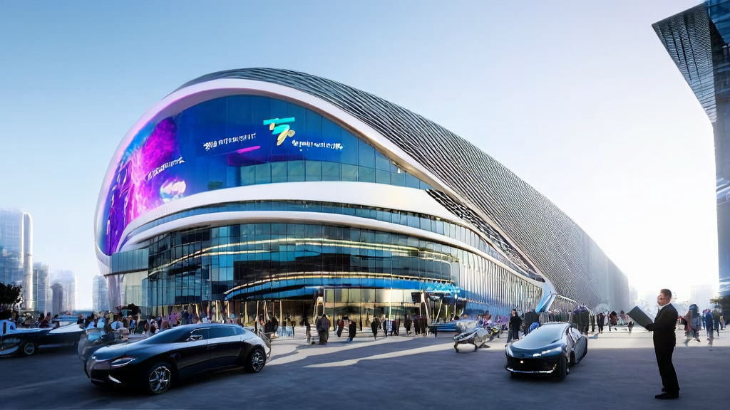 In front of a modern office building in a futuristic city, the latest AI technologies including "Zhijia Tongtong", "Hunyuan Image 2.0", and "DICE-Talk" are showcased on a large screen, with an entrepreneur contemplating new marketing strategies.