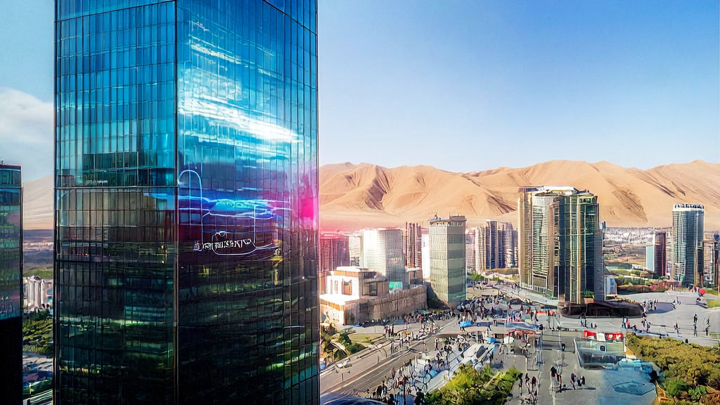A modern office building in a bustling Middle Eastern city where businesses use AI technology for data analysis, email marketing, and ad optimization to efficiently acquire customers.