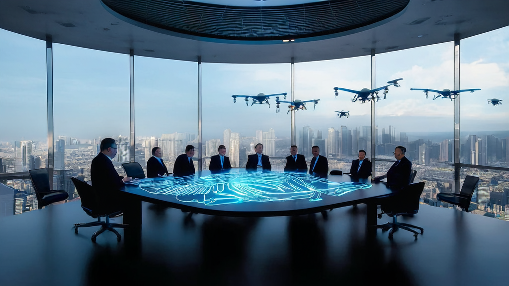 In a futuristic city's meeting room, business executives are discussing how AI technology is transforming customer acquisition channels and improving marketing efficiency.