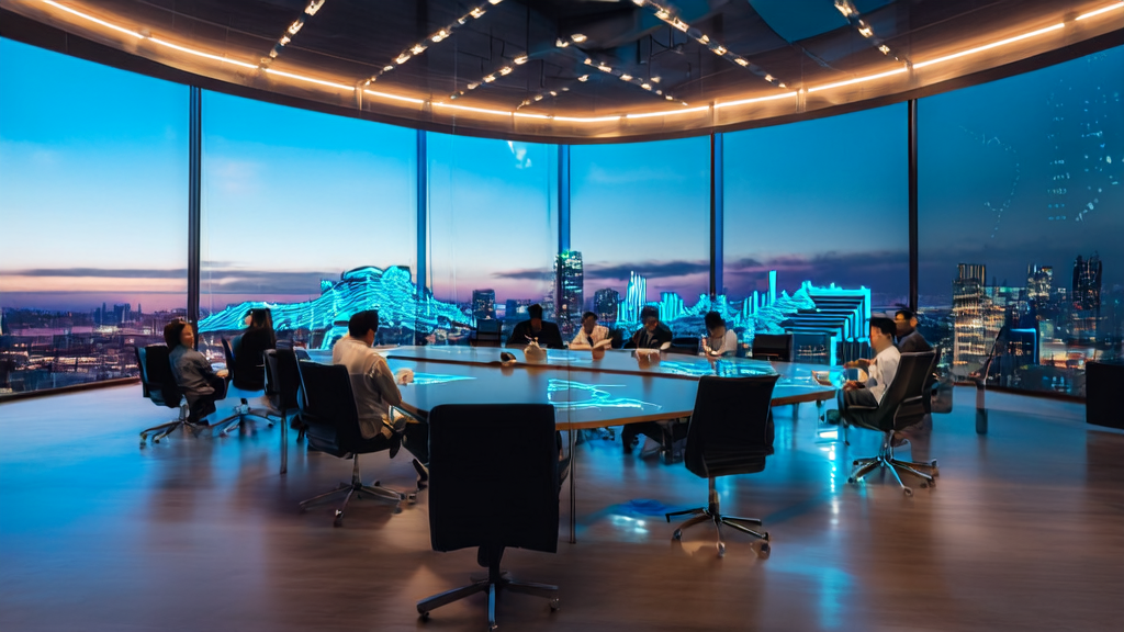 Interior of an office using AI technology, showcasing data analysis and global market expansion plans