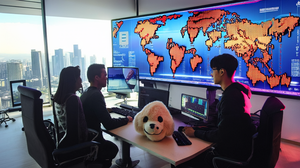 年轻创业者在现代化办公室中利用AI技术拓展全球市场，桌上放着戴着大檐帽的羊毛毡大熊猫