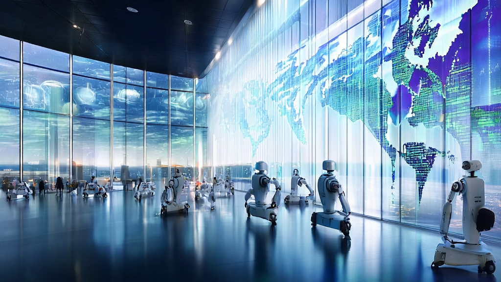 Modern cross-border e-commerce office showcasing manufacturing customs data analysis and UBTECH Walker S2 robot