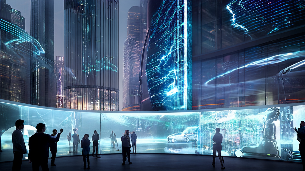 Creative team using AI technology for content marketing planning in a futuristic city