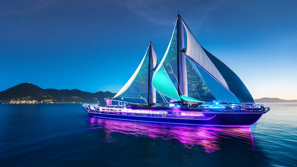 A modern sailboat powered by AI technology is navigating through the cross-border e-commerce blue ocean, symbolizing the new trend of breaking growth bottlenecks with AI.