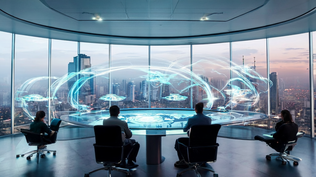 Entrepreneurs using AI customer prediction models for efficient acquisition in a futuristic city