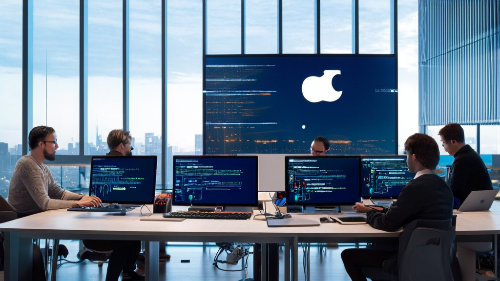 Developers using Apple Xcode with integrated Claude AI for efficient coding in a modern office